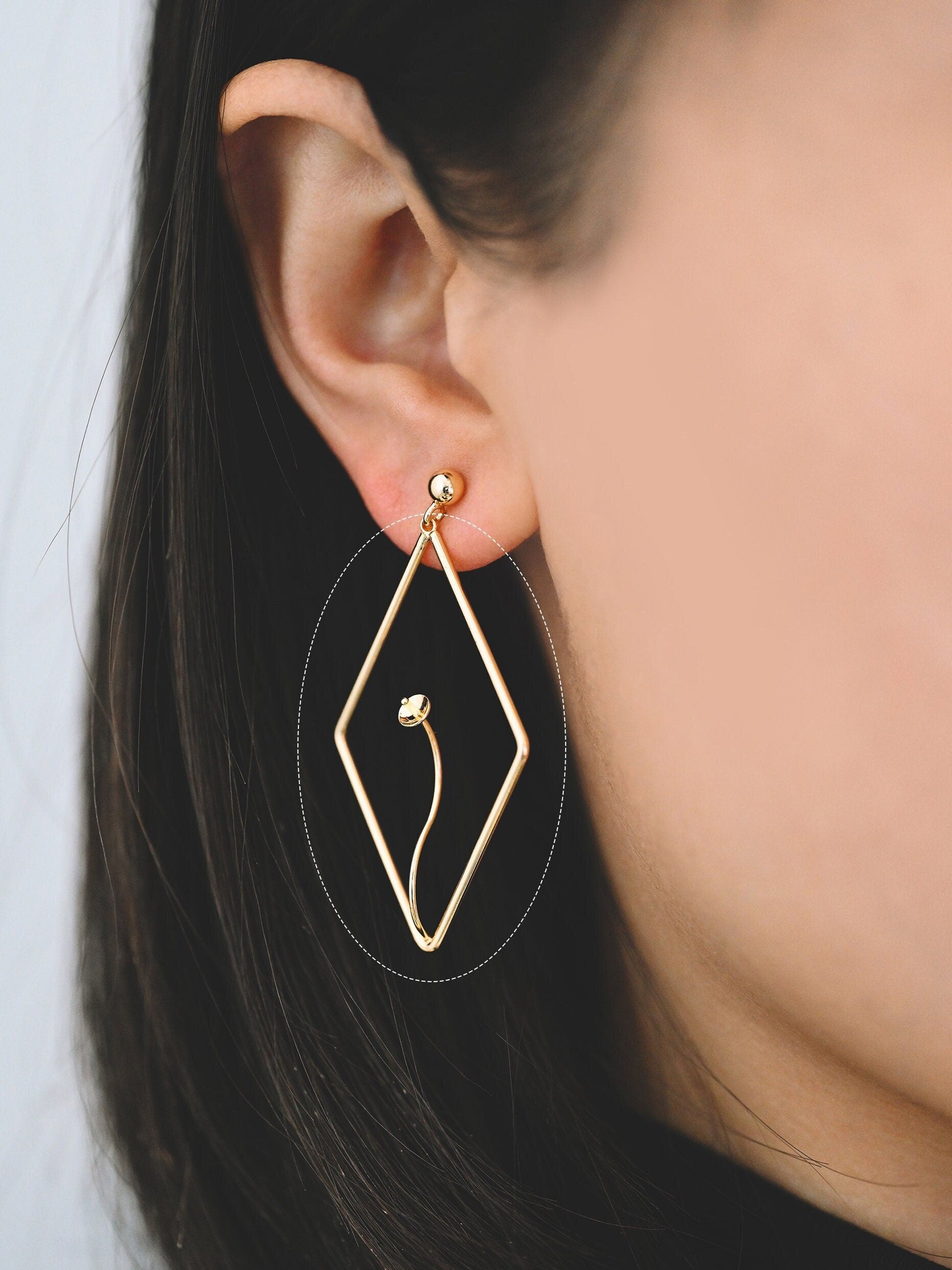 10pcs Gold Rhombus Pendants with Cap for Top Drilled Stone Pearls, Geometric Earring Pendants 47mm (GB-452)